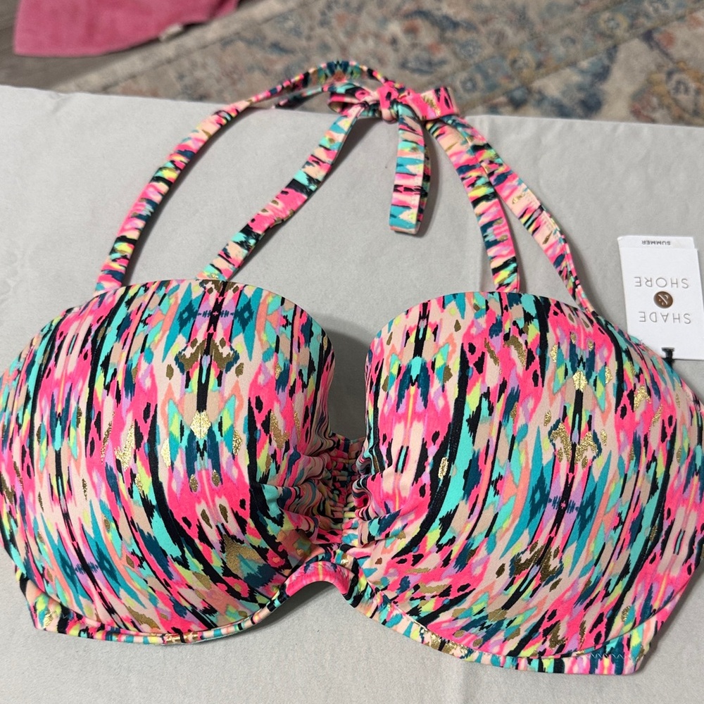 Shade & Shore Neon Pink & Teal Abstract Bandeau Bikini Top